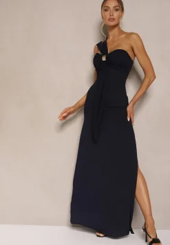Granatowa Asymetryczna Sukienka Koktajlowa Ozdobiona Metaliczną Aplikacją Divianis