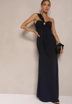 Granatowa Asymetryczna Sukienka Koktajlowa Ozdobiona Metaliczną Aplikacją Divianis