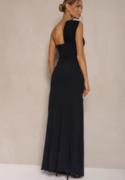 Granatowa Asymetryczna Sukienka Koktajlowa Ozdobiona Metaliczną Aplikacją Divianis