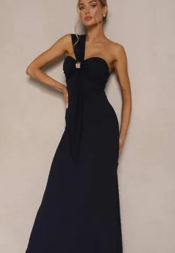 Granatowa Asymetryczna Sukienka Koktajlowa Ozdobiona Metaliczną Aplikacją Divianis