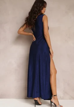 Granatowa Brokatowa Sukienka Maxi z Asymetryczną Górą i Rozkloszowanym Dołem Eulita