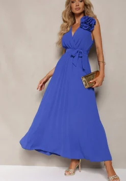 Granatowa Koktajlowa Sukienka Plisowana z Kwiatową Broszką Paskiem i Gumką w Talii Viknna