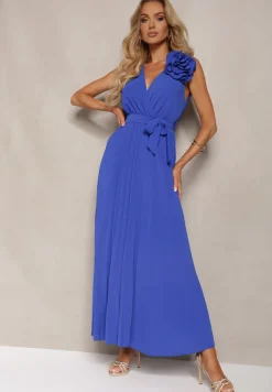 Granatowa Koktajlowa Sukienka Plisowana z Kwiatową Broszką Paskiem i Gumką w Talii Viknna