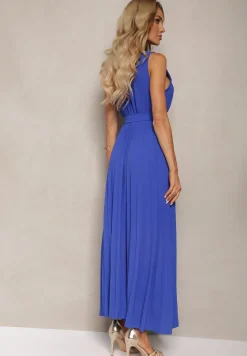 Granatowa Koktajlowa Sukienka Plisowana z Kwiatową Broszką Paskiem i Gumką w Talii Viknna