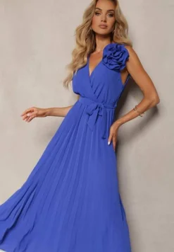 Granatowa Koktajlowa Sukienka Plisowana z Kwiatową Broszką Paskiem i Gumką w Talii Viknna