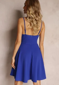 Granatowa Mini Sukienka na Regulowanych Ramiączkach o Rozkloszowanym Fasonie Feimme