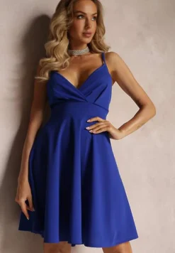 Granatowa Mini Sukienka na Regulowanych Ramiączkach o Rozkloszowanym Fasonie Feimme