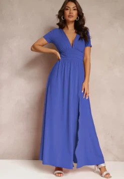 Granatowa Sukienka Maxi z Rozkloszowanym Dołem i Rozcięciem Zarya