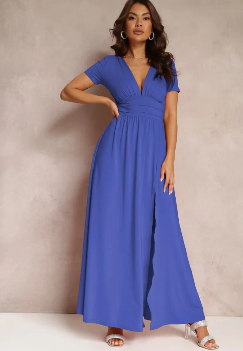 Granatowa Sukienka Maxi z Rozkloszowanym Dołem i Rozcięciem Zarya