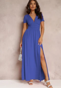 Granatowa Sukienka Maxi z Rozkloszowanym Dołem i Rozcięciem Zarya