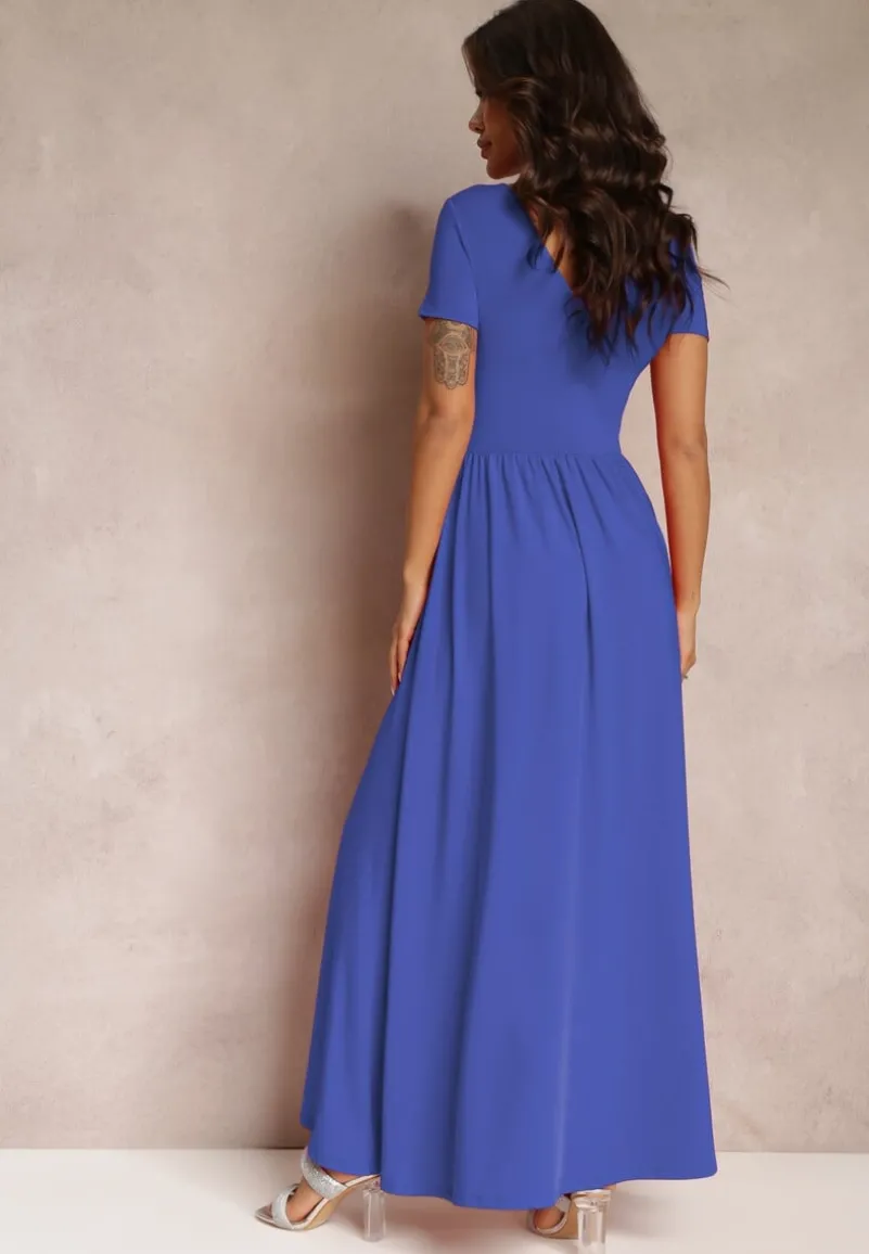 Granatowa Sukienka Maxi z Rozkloszowanym Dołem i Rozcięciem Zarya