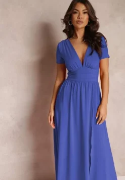 Granatowa Sukienka Maxi z Rozkloszowanym Dołem i Rozcięciem Zarya