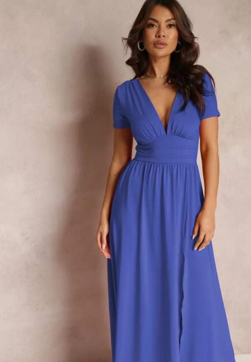 Granatowa Sukienka Maxi z Rozkloszowanym Dołem i Rozcięciem Zarya