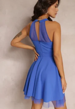 Granatowa Sukienka Rozkloszowana z Tiulową Wstawką Leonela