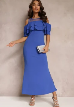 Granatowa Sukienka Taliowana z Falbanką Lariphelia