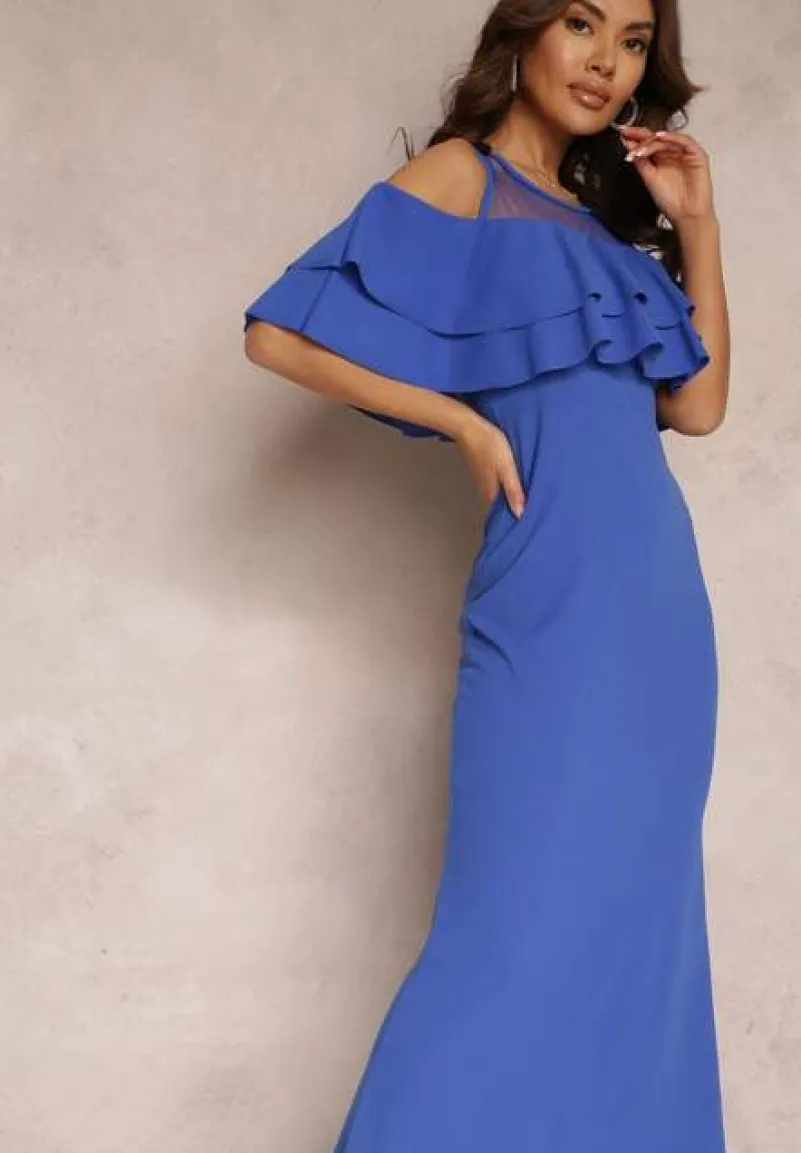 Granatowa Sukienka Taliowana z Falbanką Lariphelia