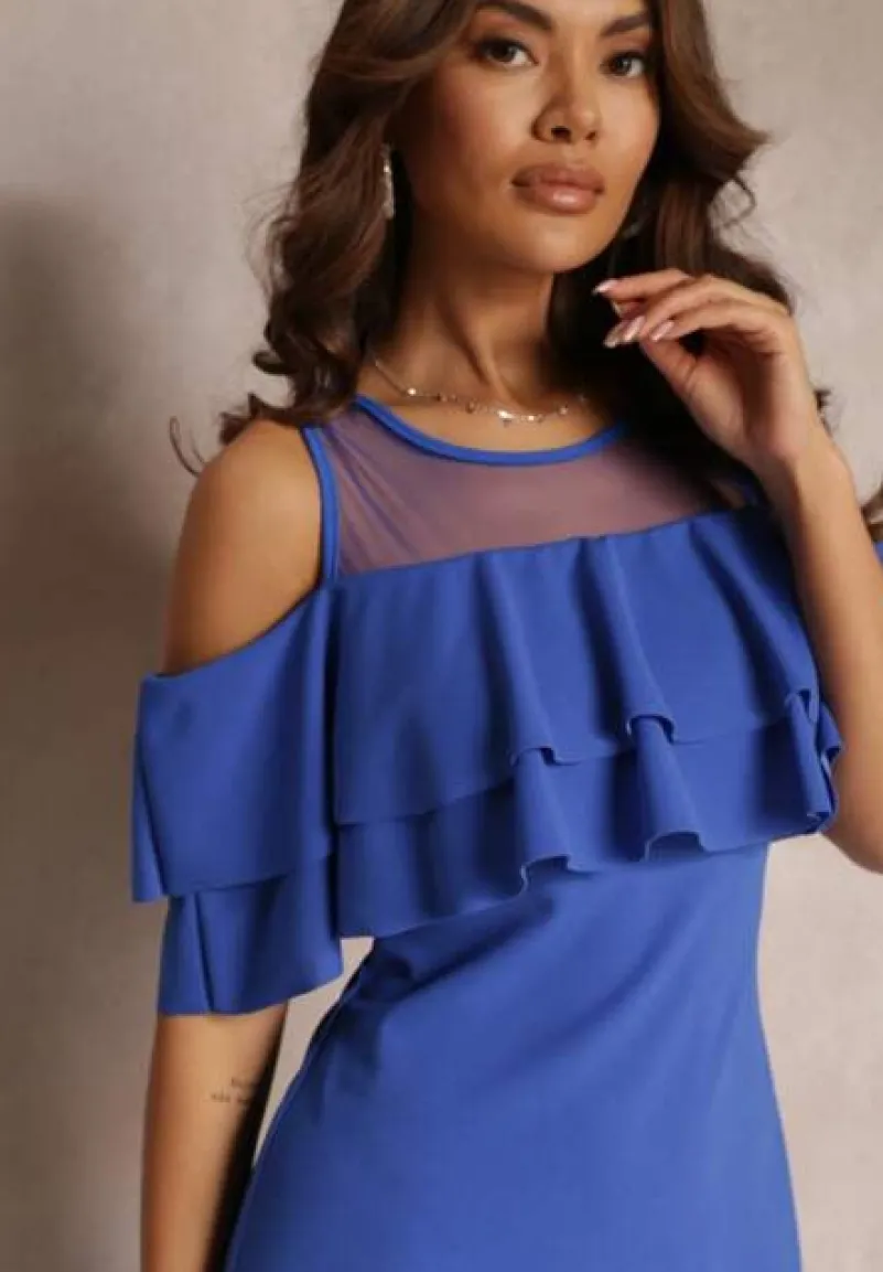 Granatowa Sukienka Taliowana z Falbanką Lariphelia