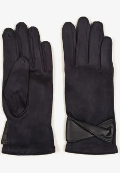 Granatowe Eleganckie Rękawiczki z Bawełną i Wywiniętą Aplikacją przy Nadgarstku Sissemi