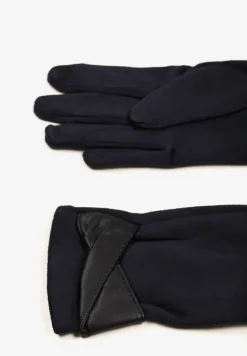 Granatowe Eleganckie Rękawiczki z Bawełną i Wywiniętą Aplikacją przy Nadgarstku Sissemi
