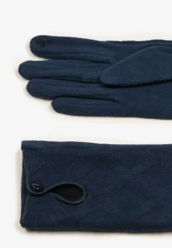 Granatowe Rękawiczki z Bawełną Ozdobione Rombami i Guzikiem Fenemi