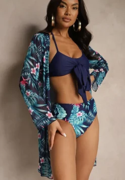 Granatowe Bikini Biustonosz z Wiązaniem i Figi z Dodatkową Siateczkową Narzutką Zarionea