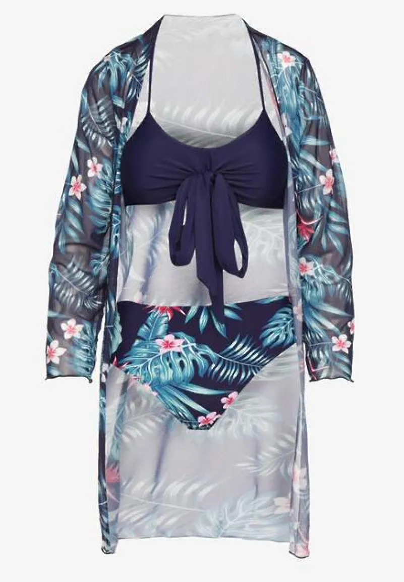 Granatowe Bikini Biustonosz z Wiązaniem i Figi z Dodatkową Siateczkową Narzutką Zarionea