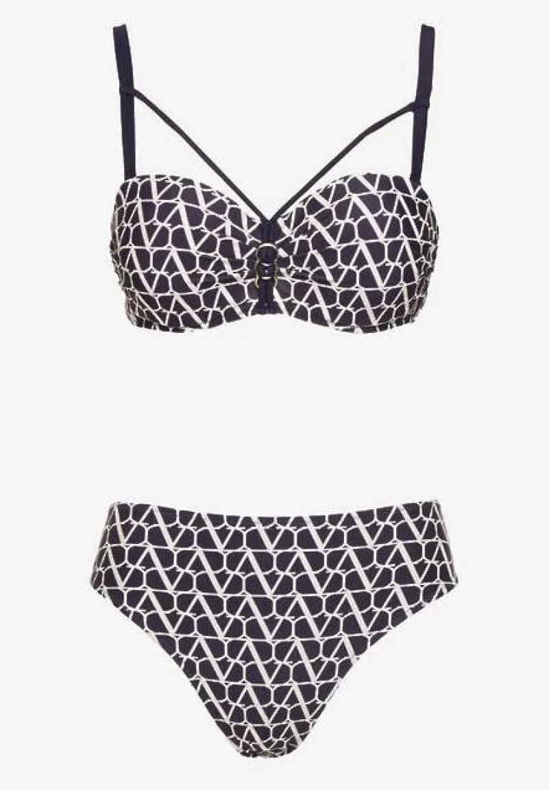 Granatowe Bikini Biustonosz i Majtki Typu Figi w Geometryczny Wzór Linarissa