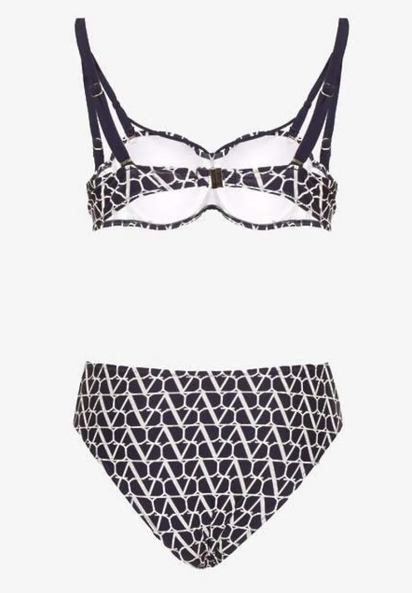 Granatowe Bikini Biustonosz i Majtki Typu Figi w Geometryczny Wzór Linarissa