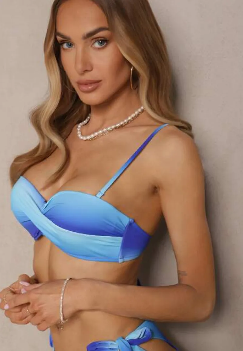 Granatowe Bikini Majtki Typu Figi i Biustonosz z Marszczeniem w Geometryczny Wzór Kinnira