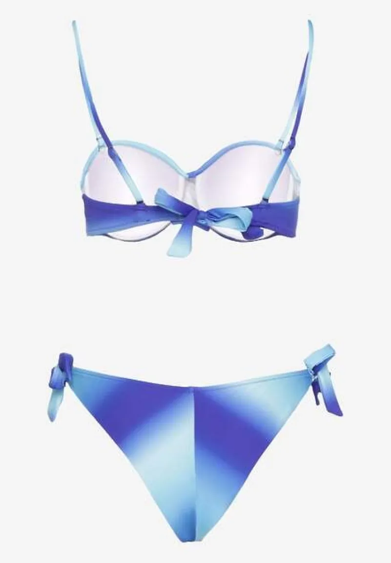 Granatowe Bikini Majtki Typu Figi i Biustonosz z Marszczeniem w Geometryczny Wzór Kinnira