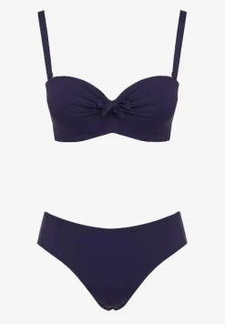 Granatowe Bikini Strój Kąpielowy Dwuczęściowy z Ozdobnym Marszczeniem Nariella