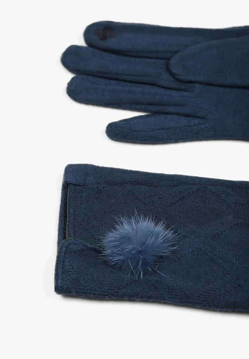 Granatowe Rękawiczki z Bawełną Ozdobione Pomponem i Rozcięciem Zinnaletha