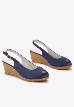 Granatowe Sandały z Zapięciem na Sprzączkę i Otwartym Noskiem na Koturnie Soelira