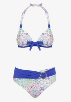 Granatowo-Beżowe Bikini w Mozaikowy Wzór z Biżuteryjną Klamerką Vextella