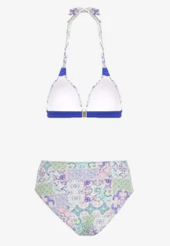 Granatowo-Beżowe Bikini w Mozaikowy Wzór z Biżuteryjną Klamerką Vextella