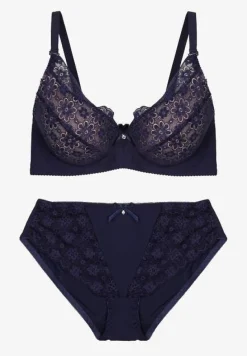Granatowo-Beżowy Komplet z Koronki Figi i Usztywniany Biustonosz Nevenis
