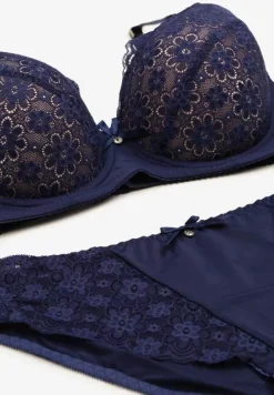 Granatowo-Beżowy Komplet z Koronki Figi i Usztywniany Biustonosz Nevenis