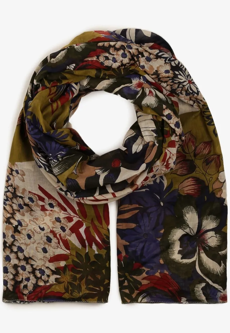 Granatowo-Brązowy Szalik Apaszka z Bawełny w Kwiecisty Wzór Lixia