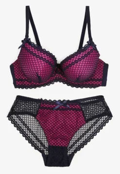 Granatowo-Fuksjowy Komplet z Koronki Regulowany Biustonosz Full Cup oraz Majtki Figi Irialynne