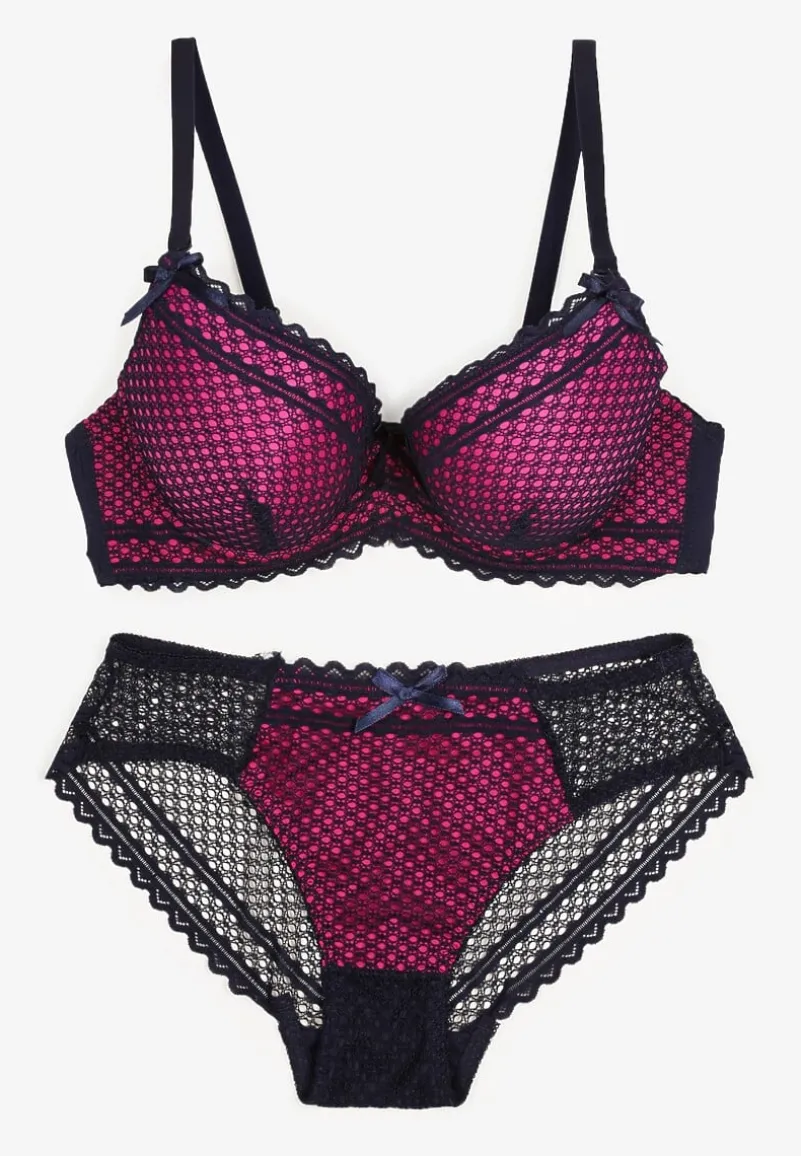 Granatowo-Fuksjowy Komplet z Koronki Regulowany Biustonosz Full Cup oraz Majtki Figi Irialynne