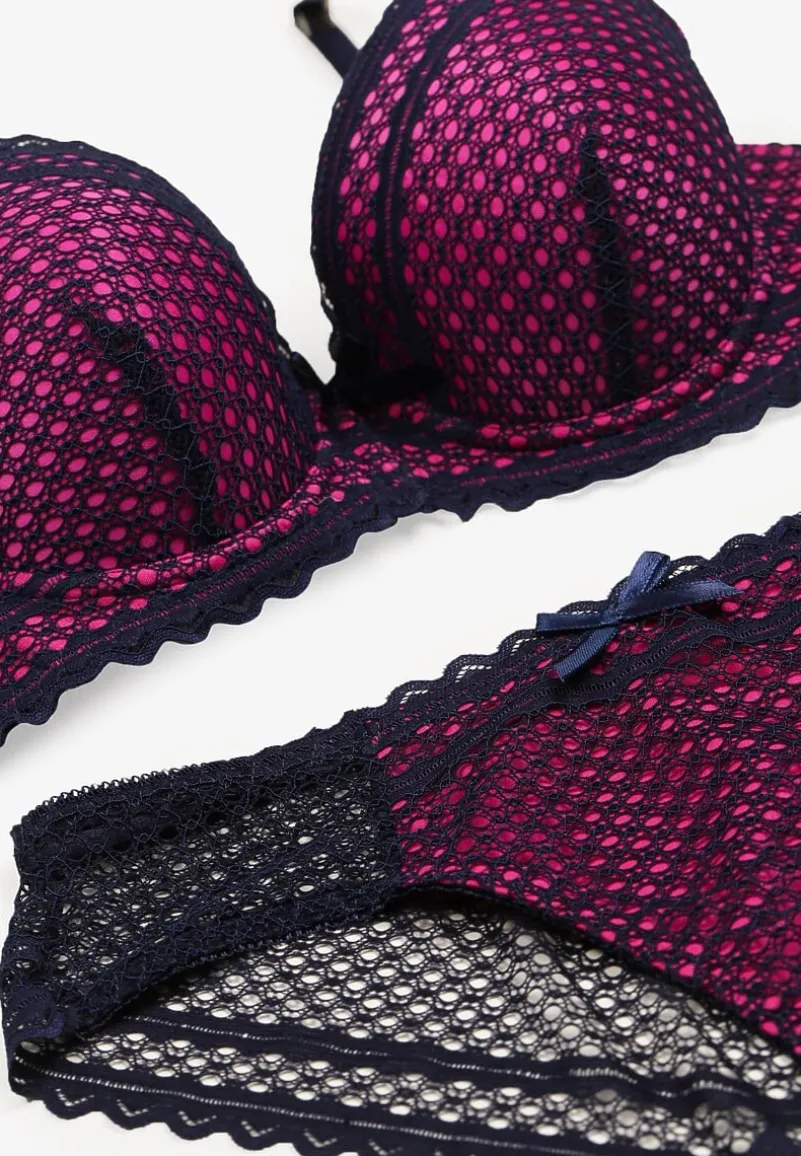 Granatowo-Fuksjowy Komplet z Koronki Regulowany Biustonosz Full Cup oraz Majtki Figi Irialynne