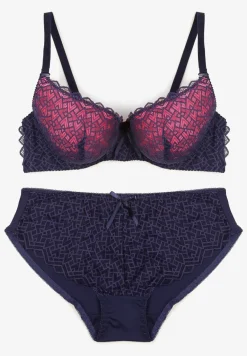 Granatowo-Fuksjowy Komplet Bielizny Koronkowej Klasyczny Biustonosz i Figi z Wysokim Stanem Nasellea
