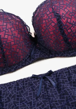 Granatowo-Fuksjowy Komplet Bielizny Koronkowej Klasyczny Biustonosz i Figi z Wysokim Stanem Nasellea