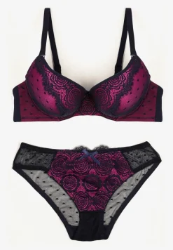 Granatowo-Fuksjowy Komplet z Koronką Figi i Usztywniany Biustonosz z Kokardami Iridorea