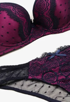 Granatowo-Fuksjowy Komplet z Koronką Figi i Usztywniany Biustonosz z Kokardami Iridorea