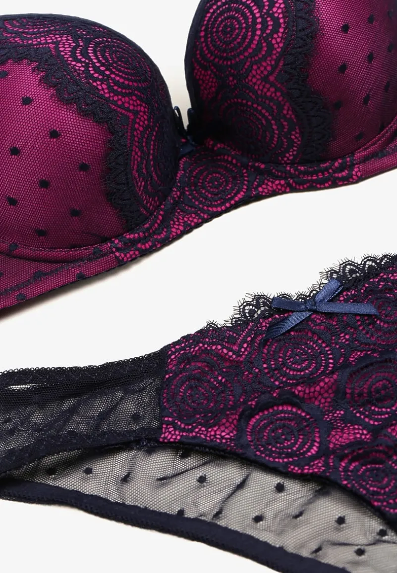 Granatowo-Fuksjowy Komplet z Koronką Figi i Usztywniany Biustonosz z Kokardami Iridorea