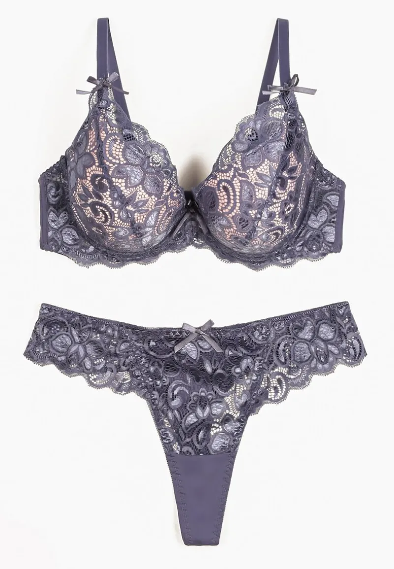 Granatowo-Różowy Komplet Bielizny z Koronką i Kokardkami Biustonosz i Stringi Nasorinne
