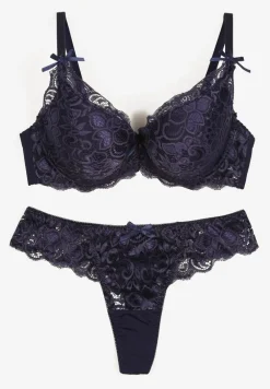 Granatowy Komplet Bielizny z Koronką i Kokardkami Biustonosz i Stringi Nasorinne