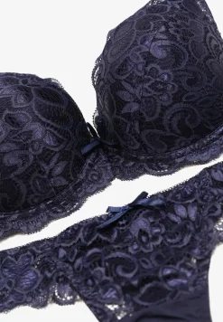 Granatowy Komplet Bielizny z Koronką i Kokardkami Biustonosz i Stringi Nasorinne