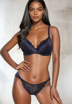 Granatowy Komplet z Koronki Majtki Ozdobione Kokardą Biustonosz na Regulowanych Ramiączkach Arfiana